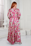 Printed Satin Silk Pink Long Dress