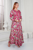 Printed Satin Silk Pink Long Dress