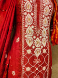 Red Moonga Silk Outfit with Crystal Work Semistiche  (Can  change the colour again and again)d