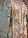 Ash Blue Moonga Silk Outfit with Crystal Work Semistiched  (Can  change the colour again and again)